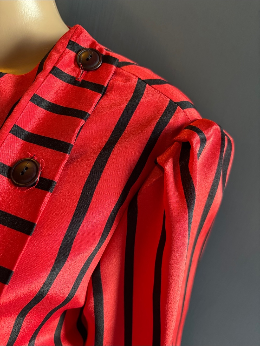 Vintage 80s secretary Black Striped Midi Dress with Button Detail - Picture 2 of 8